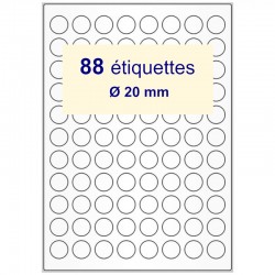 Feuilles d'étiquettes rondes Ø 20 mm,  papier blanc décollables