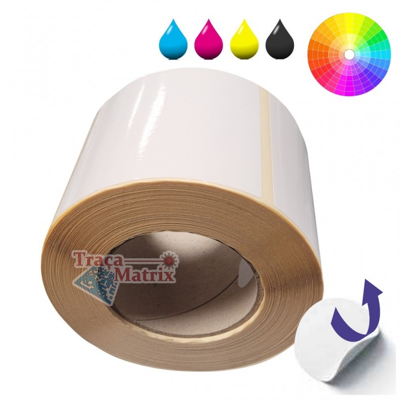 Bobine d’étiquettes en Papier blanc brillant pour imprimantes d'étiquettes couleur, sur mandrin de 76 mm et adhésif décollable Bobine d’étiquettes en Papier blanc brillant pour imprimantes d'étiquettes couleur, sur mandrin de 76 mm et adhésif décollable