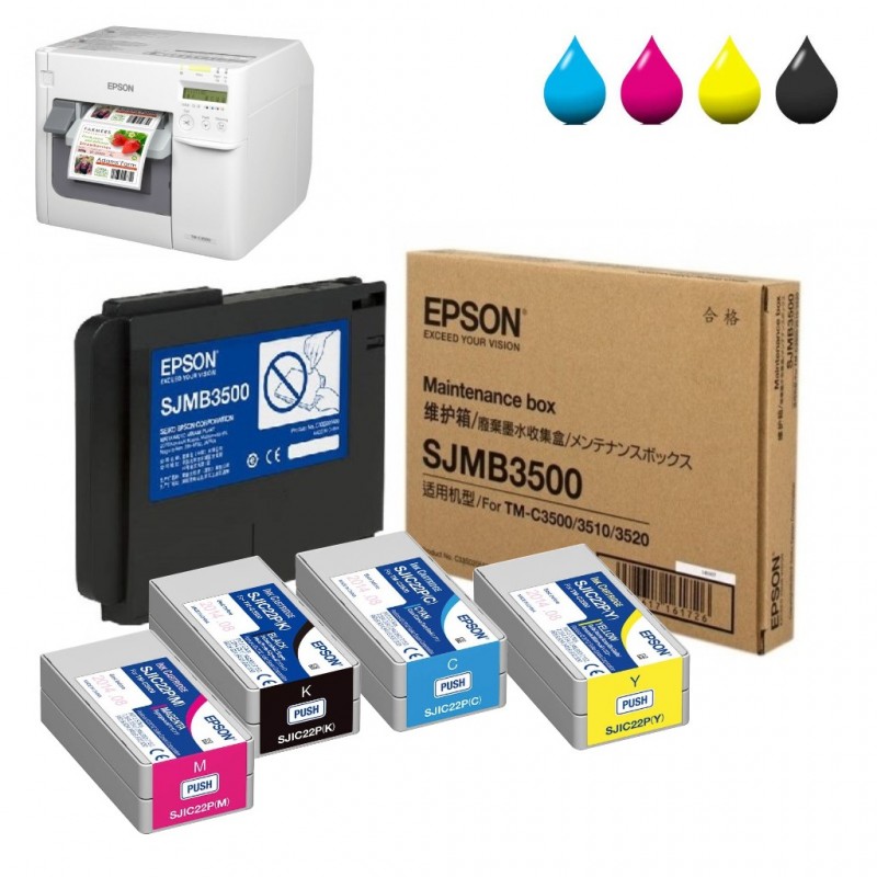 Cartouches d'encres et maintenance box pour imprimante d'étiquettes EPSON C3500 Cartouches d'encres et maintenance box pour imprimante d'étiquettes EPSON C3500
