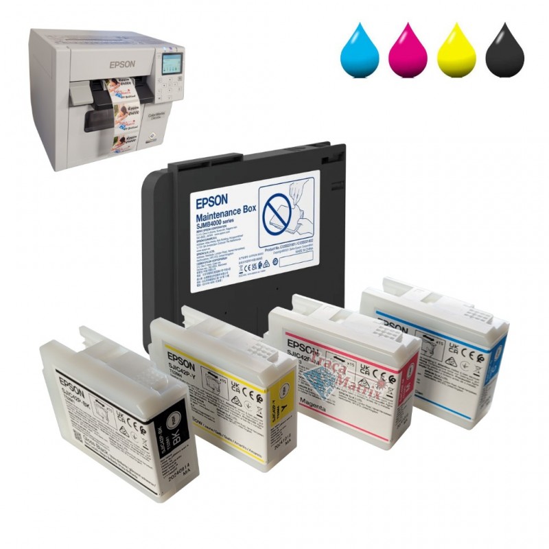 Cartouches d'encre CMJN pour imprimante d'étiquettes couleur Epson Coloworks C4000e Cartouches d'encre CMJN pour imprimante d'étiquettes couleur Epson Coloworks C4000e